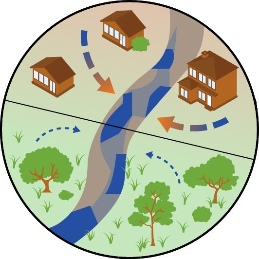 Watershed through forest and town.